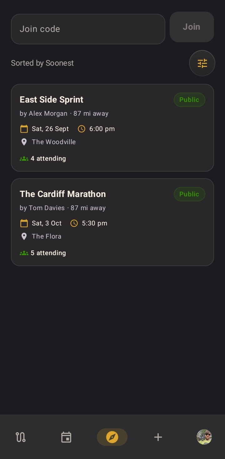 The Explore screen listing public pub golf events near the user, with a distance filter